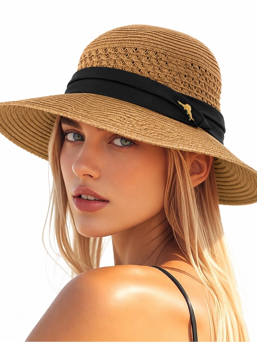 🦈NEW!! Tommy Bahama Tan Straw Sun Hat with Black Band and Gold Fish Accent